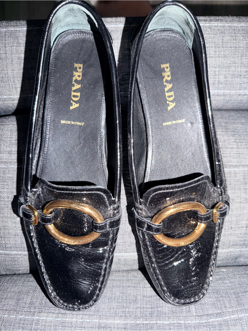 Prada Black Patent Leather Loafers with Gold Ring Detail